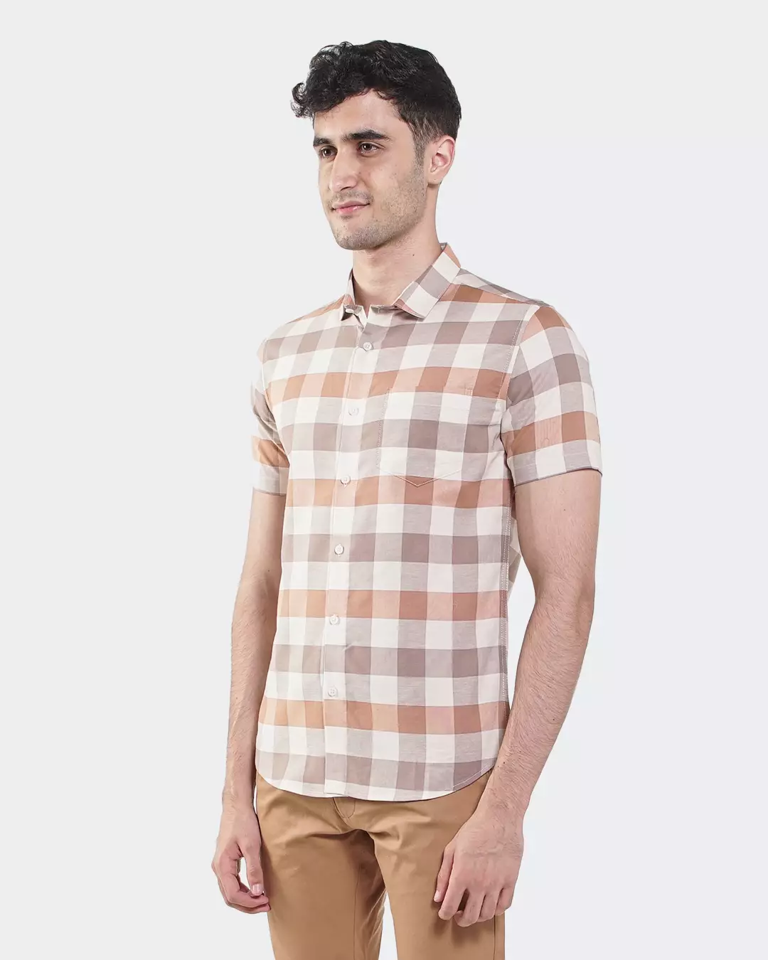 MANZONE Kemeja Pria Lengan Pendek Rodrick 5 Slim Fit - Light Brown