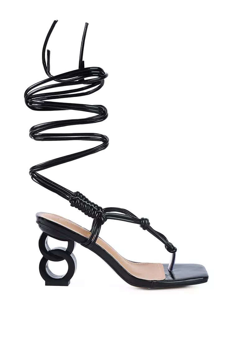 Black Lace Up Thong Chain Heel Sandal