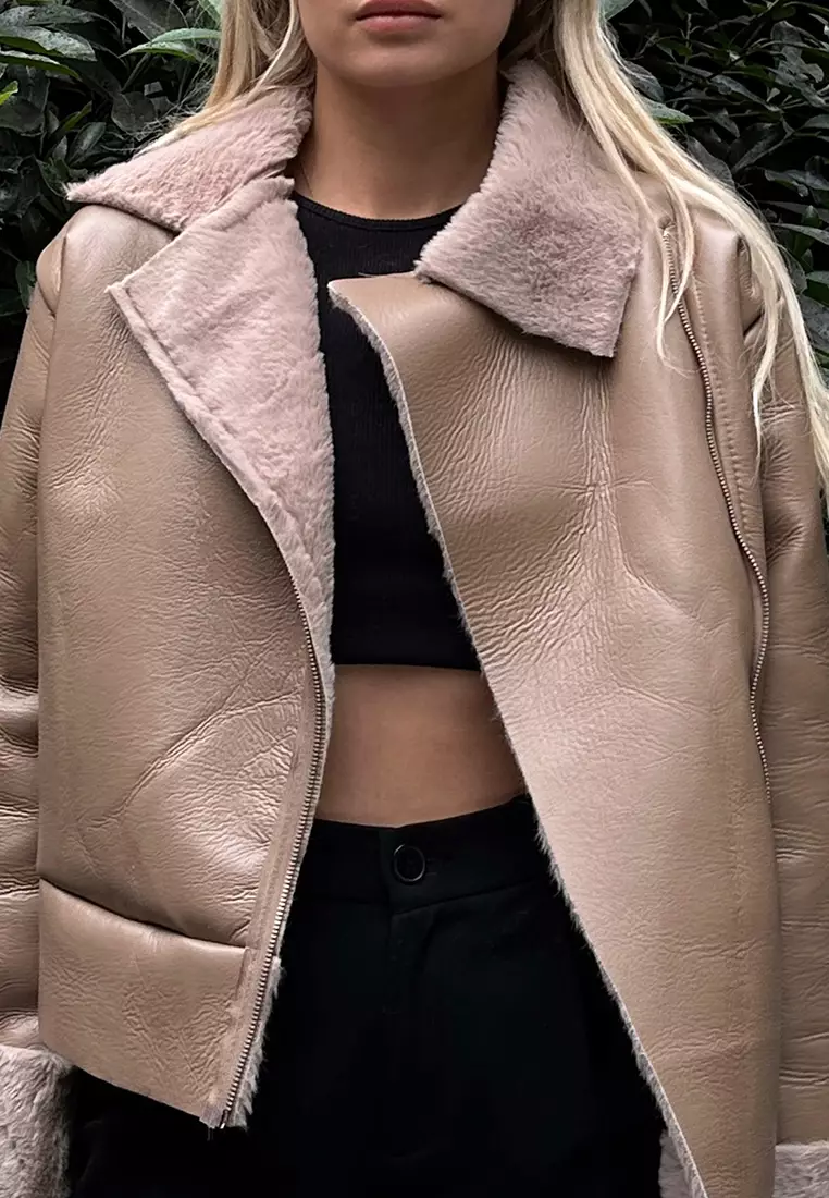 Furry Zipper Faux Leather Coat