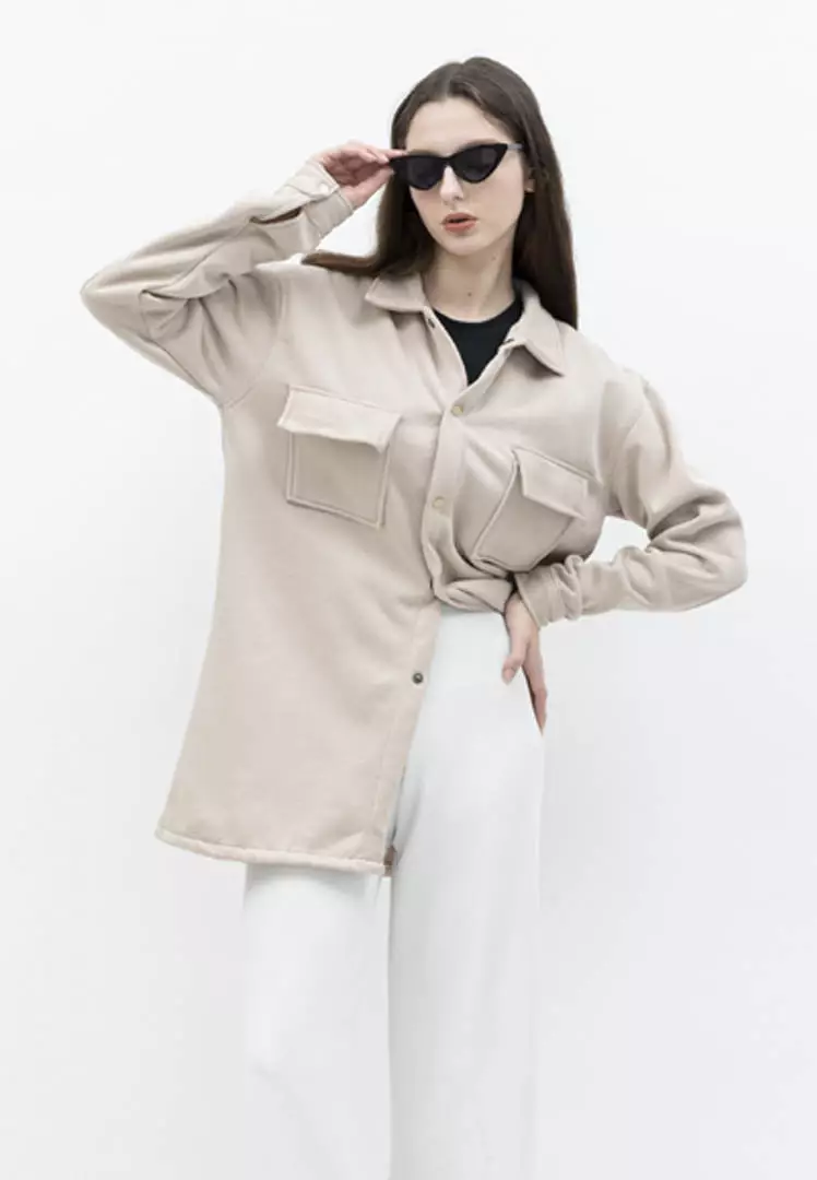 Houseofcuff Jaket Kemeja Casual Pria Wanita Unisex Soft Fleece Krem