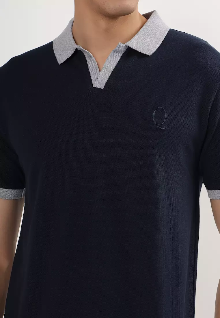 Mens Short Sleeve Contrast Blue - Grey Collar Cotton Button less Polo Shirt/T-shirt, V Neck, Sport-Casual Wear, Regualr fit