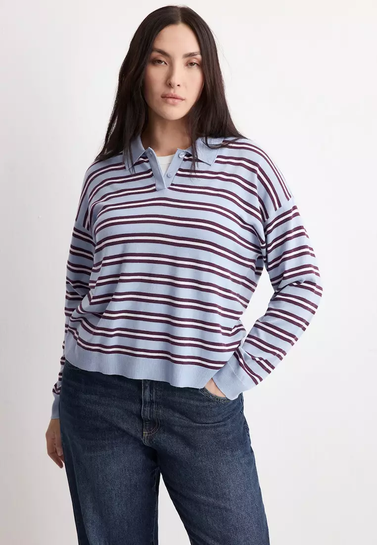 Striped Polo-Neck Sweater