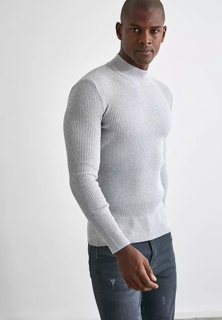 Gray Fitted Cotton Half Turtleneck Plain Knitwear Sweater Tmnaw21Kz0568