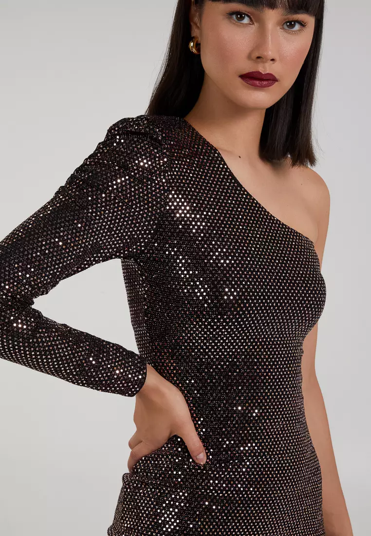 Pink Vanilla One Shoulder Puff Rouched Sleeve Sparkle Dress