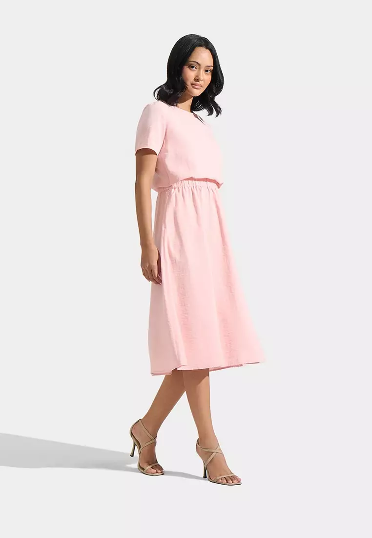 Textured Fit And Flare Dress With Garterized Waist