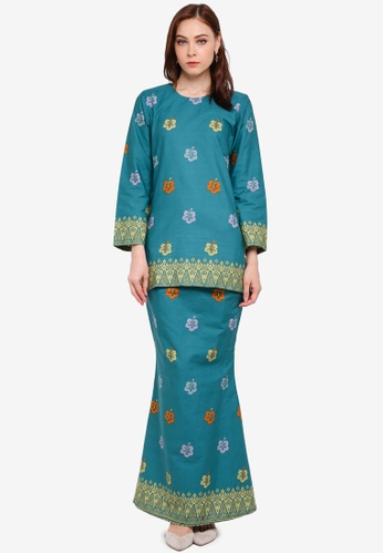 Cotton Modern Kurung With Songket Print (BRaya) from Kasih in Green and Blue and Multi