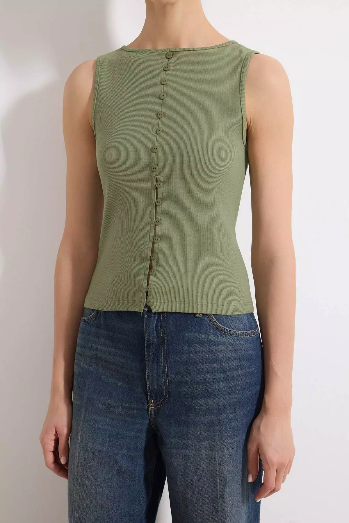 Khaki Buttoned Fitted/Bodycon Corded Fabric Stretchy Knitted Blouse Twoss24Bz36