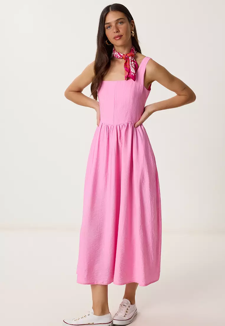Women's Pink Wrinkle Effect Flared Woven Dress Ub00339