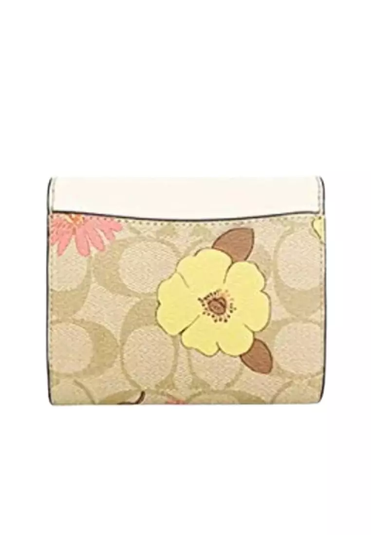 Coach Small CH719 Trifold Wallet In Signature Canvas With Floral Cluster Print In Light Khaki Multi