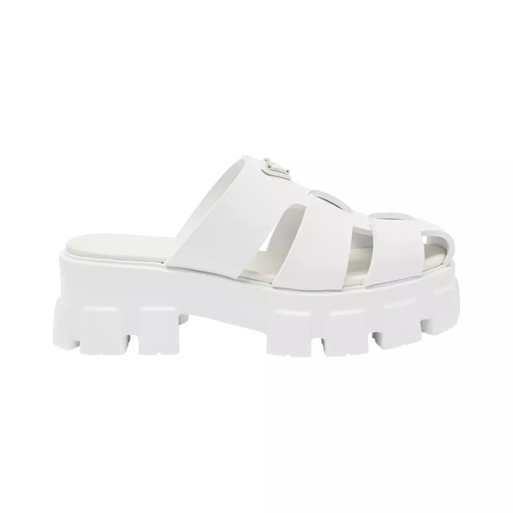 Jual Prada Triangle Logo 55 Platform Sandals White Original 2025