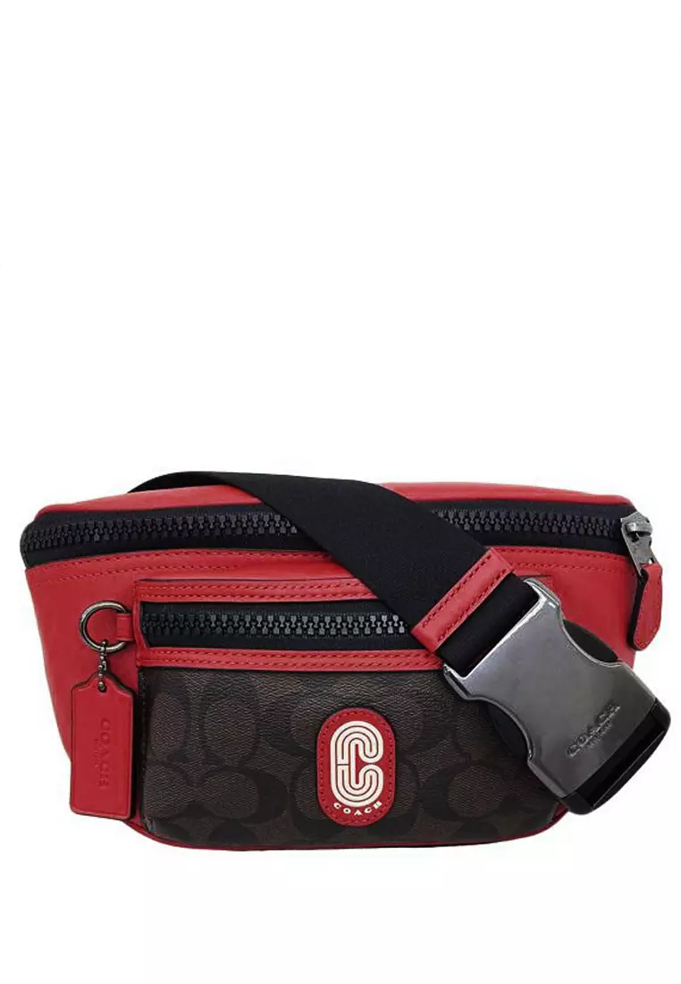 Coach Mens Westway Belt Bag In Colorblock Signature Canvas With Coach Patch Mahogany Red