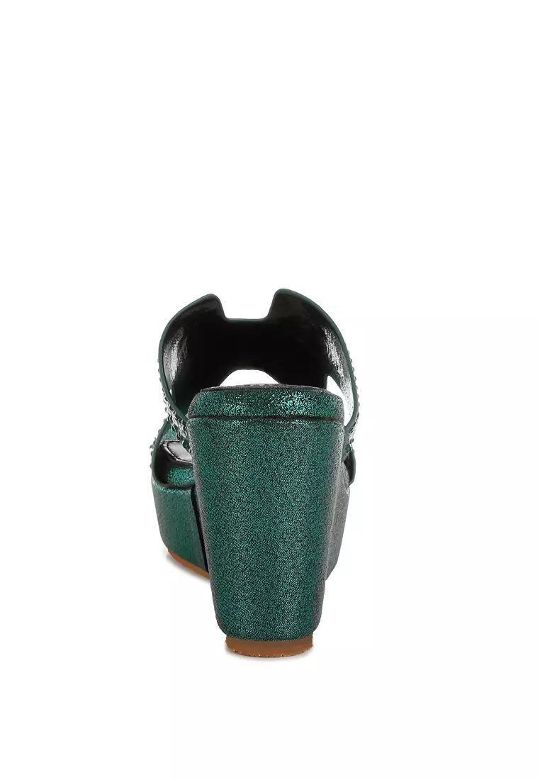 Diamante & Rhinestone Detail Cut-Out Sandals in Green