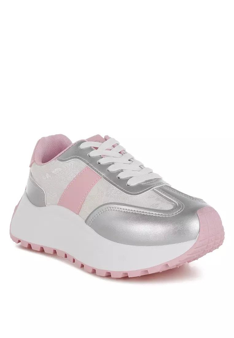 Print Embroidery Detail Metallic Sneakers in Silver & Pink