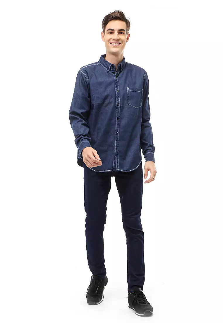 Dwan Atasan Kasual Kemeja Jeans Pria Slim Fit Lengan Panjang Material Denim ORIGINAL - Navy
