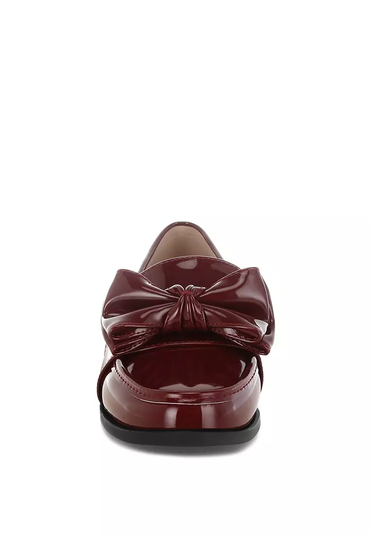 Sepatu Loafer Chunky Bow Klasik Warna Burgundy