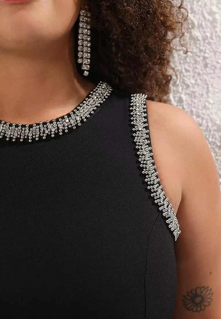 Black Stoned Sleeveless Midi Length A-Line Woven Evening Dress/Night/Graduation/Engagement Dress Tbbss25Ah00053