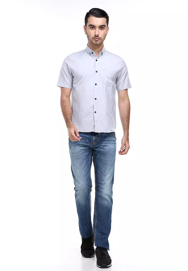 Dwan Casual Shirt Kemeja Polos Pria Lengan Pendek Kasual Formal Material Cotton ORIGINAL - Gray