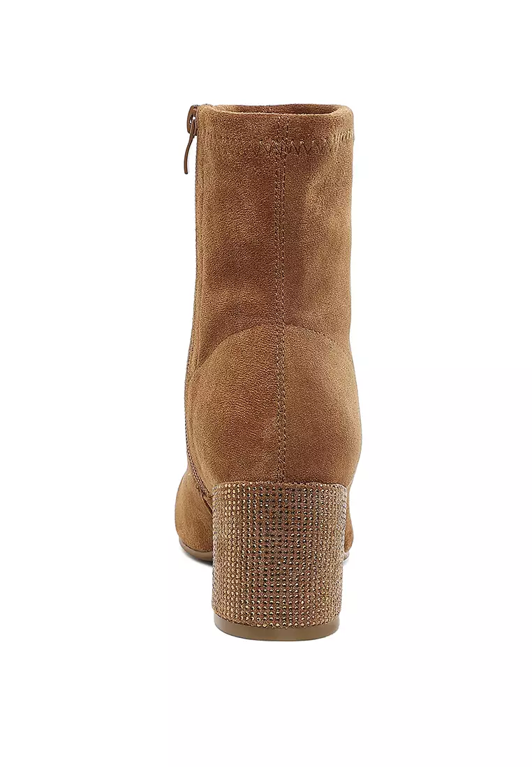 黃褐色水鑽裝飾粗跟靴