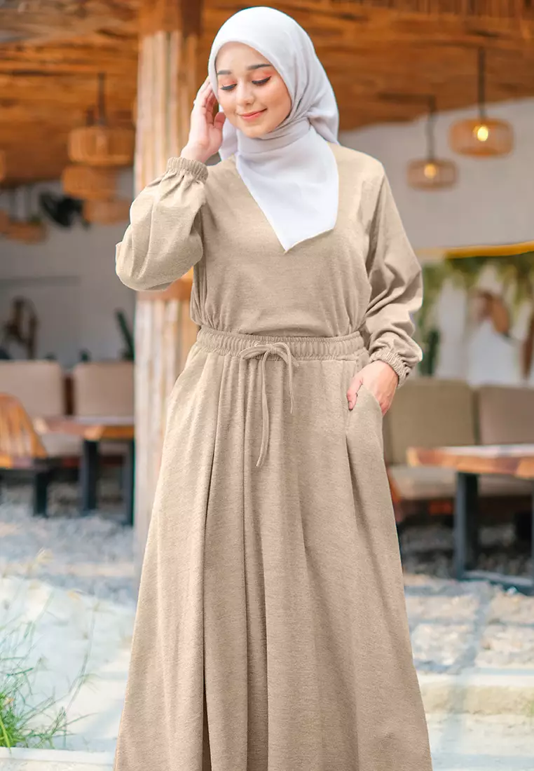 JV Hasanah Set Rok Baju Kurung Corduroy Mocca | Setelan Rok Kaos Jumbo
