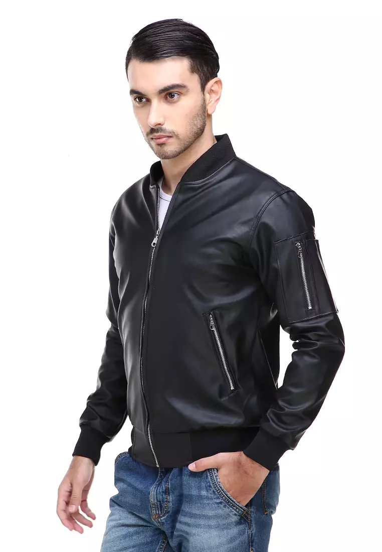 Clover Jaket Bomber Pria Now Ori Soft Material Leather Kulit ORIGINAL - Black