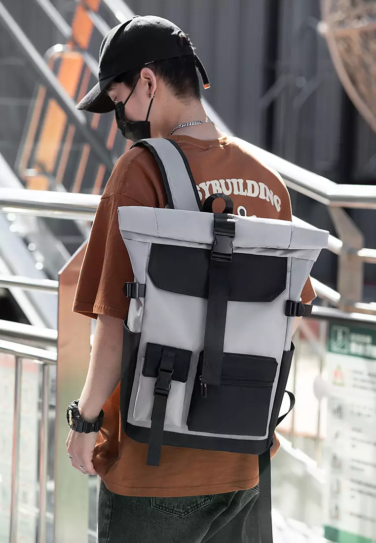 Men's Plain Capacious Wear-resistant Oxford Cloth Buckle Backpack - Light Grey