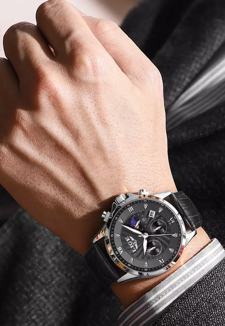 Chronograph Unisex Stainless Steel Quartz Watch, Black dial, Black Leather Strap