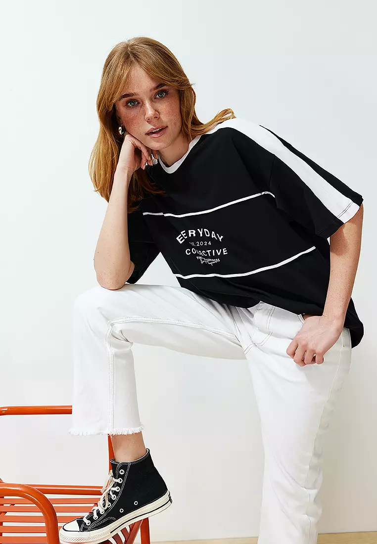 Black Color Block Slogan Oversize/Wide Fit Knitted T-Shirt