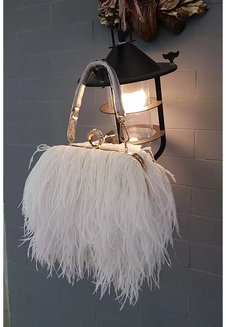 Ostrich Feather Ring Buckle Chain Crossbody Shoulder Small Square Bag