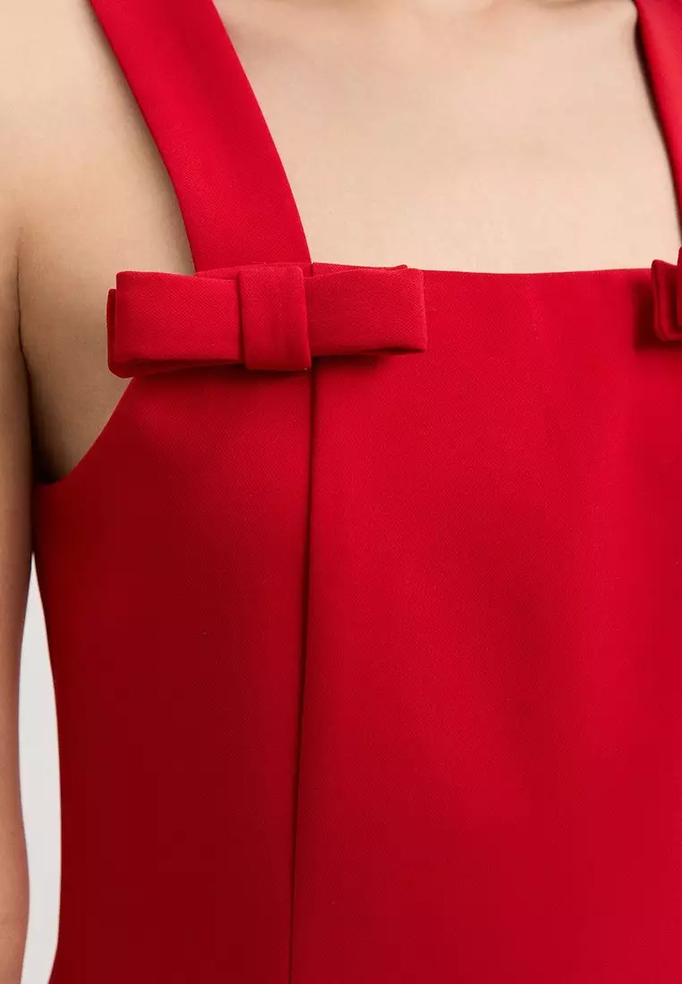 Bow Square Neck Dress - Red