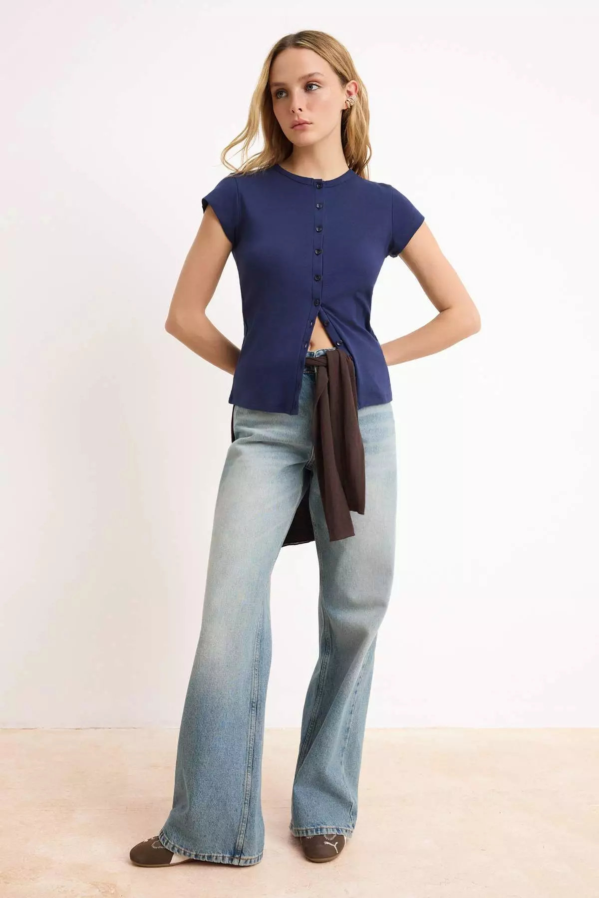 Navy Blue Buttoned Fitted/Bodycon Knitted Blouse Twoss25Bz281