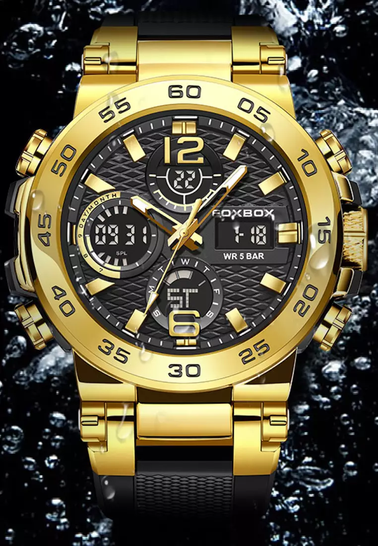 Buy LIGE FOXBOX Chronograph Unisex Digital/Analogue Quartz Watch, Gold ...