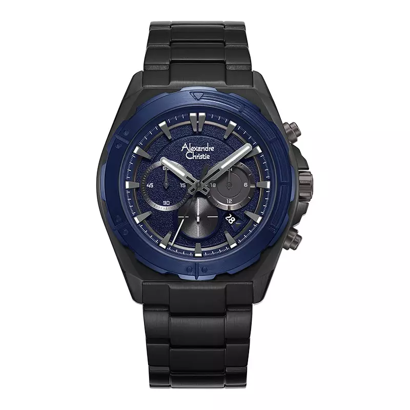 Jam Tangan Pria Alexandre Christie Chronograph AC 6664 MC BGUBU Men Blue Dial Black Stainless Steel Strap