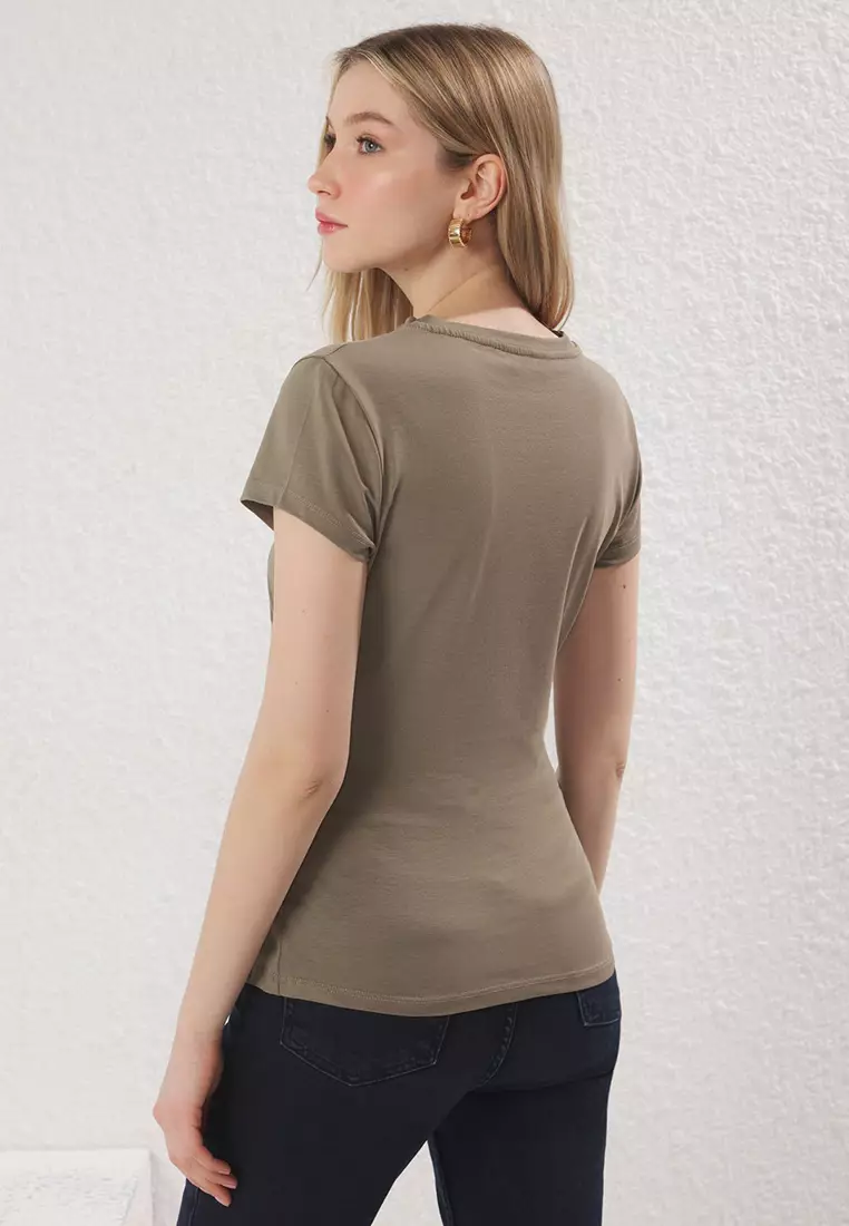 Khaki Gather/Drape Detailed Slit Asymmetrical Fitted/Body Fitted Knitted Blouse Twoss25Bz00380