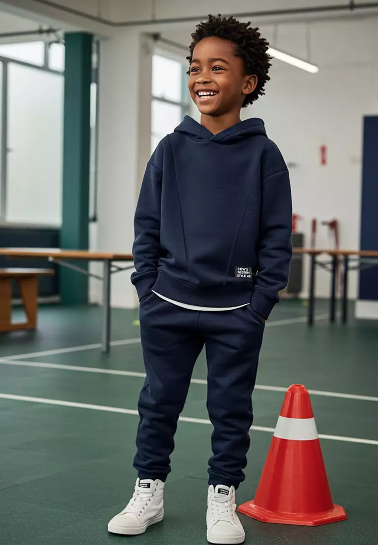 Navy Blue Boy's Color Block Knitted Bottom-Top Suit Tkdaw25Au00058