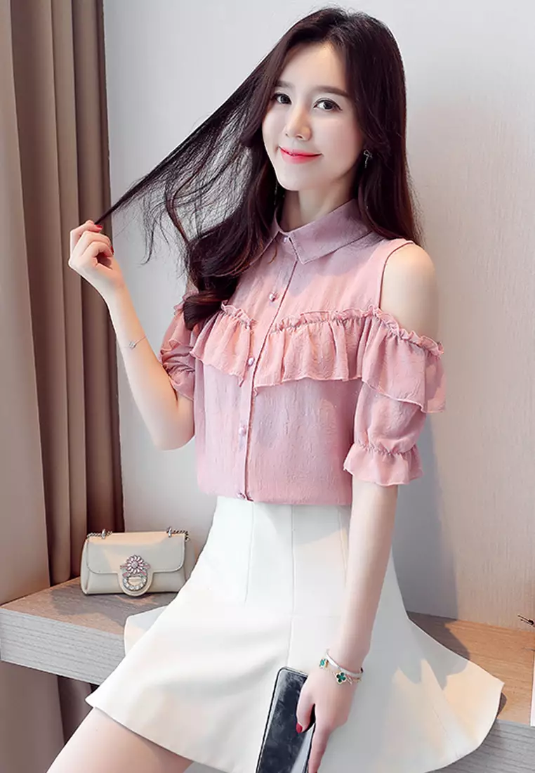 Ruffles Cold Shoulder  Blouses
