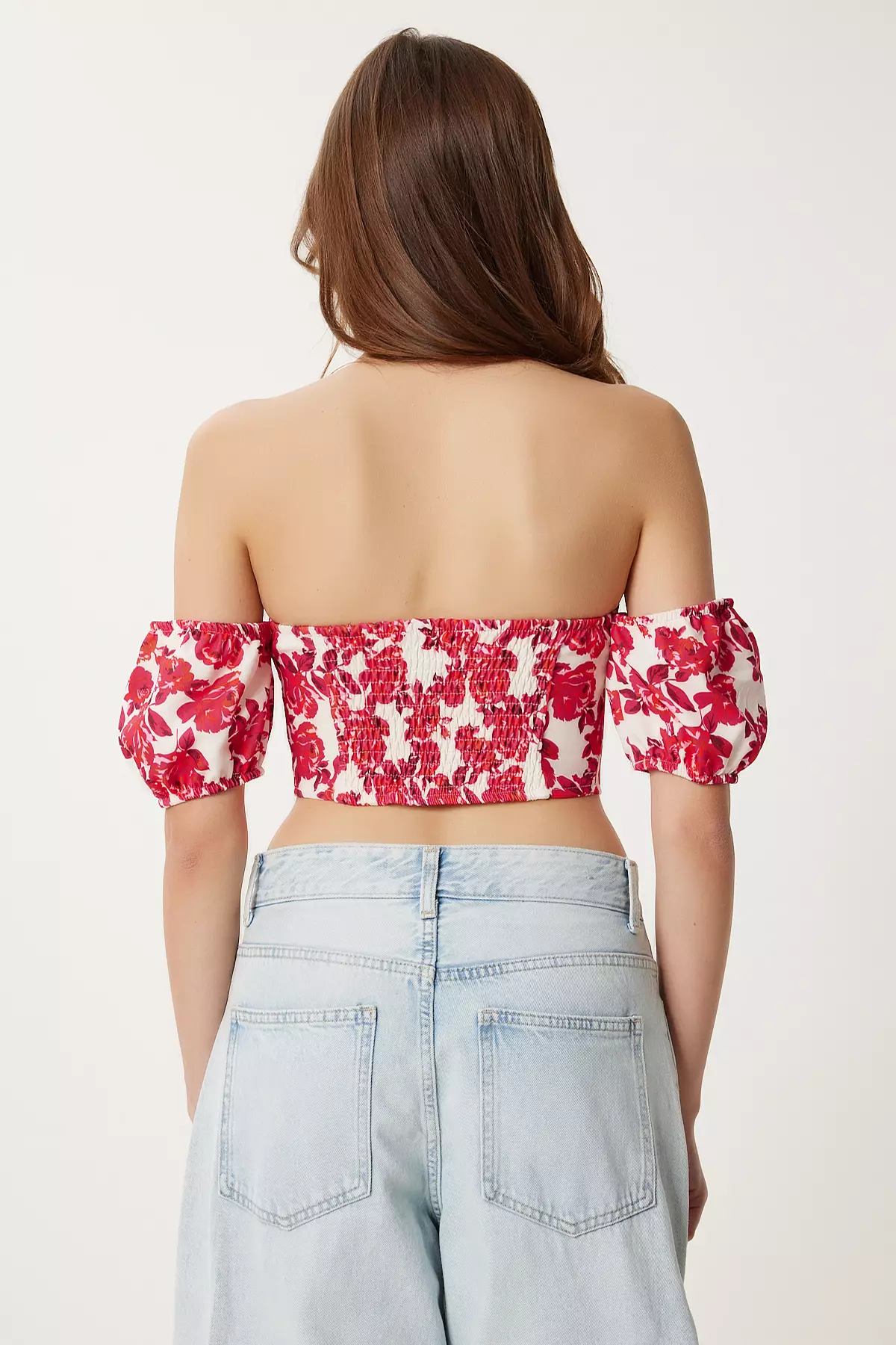 Women's Dark Pink Cream Patterned Crop Viscose Blouse Cr00510