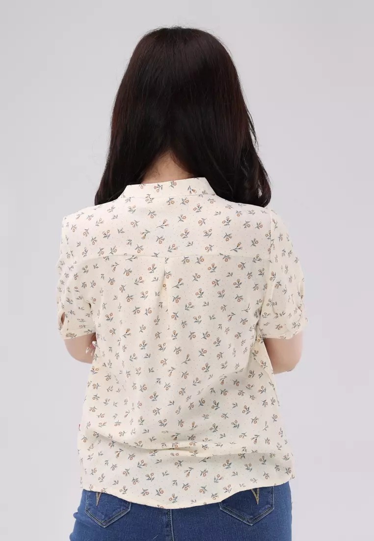 Printed Linen Wrinkles Short Sleeves Chinese Collar Blouse