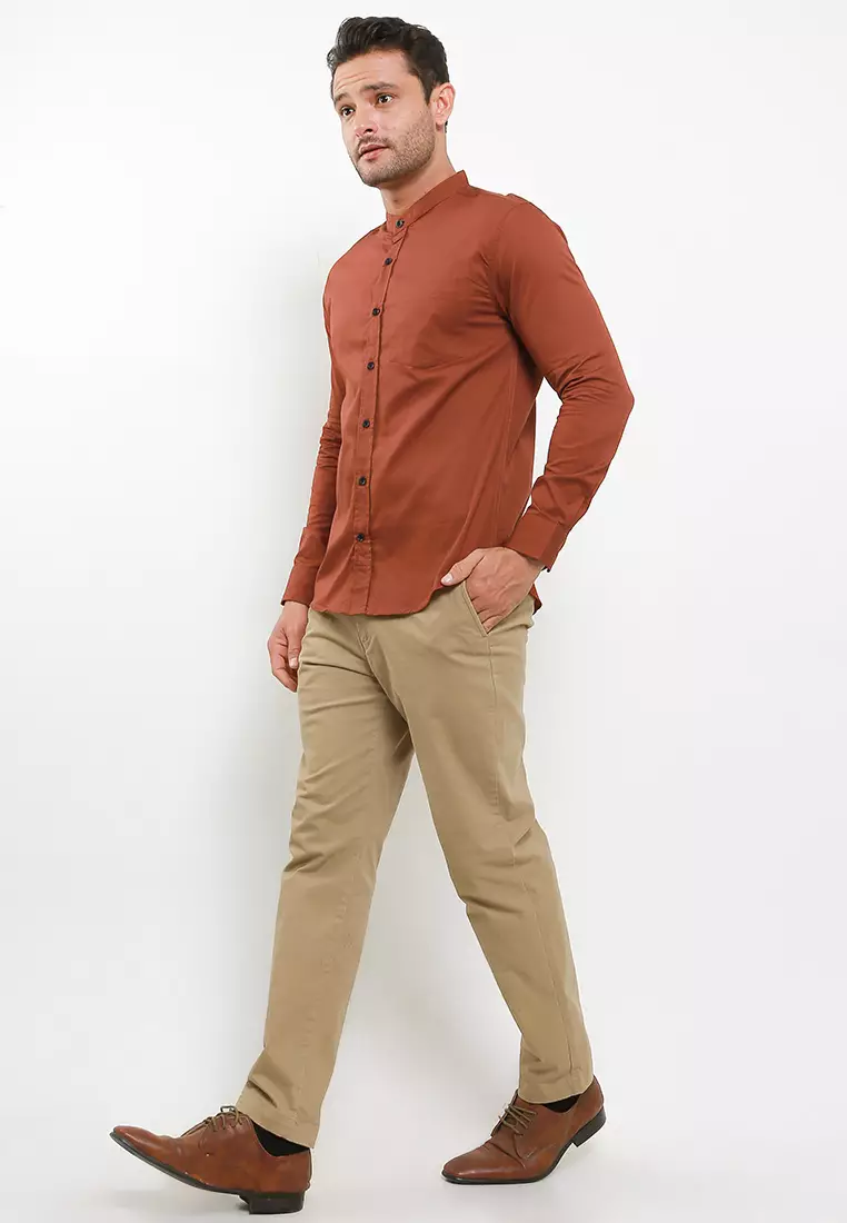 Cotton Well Badr Stand Collar Shirt Terracotta | Kemeja Koko Lengan Panjang Coklat Bata Terakota