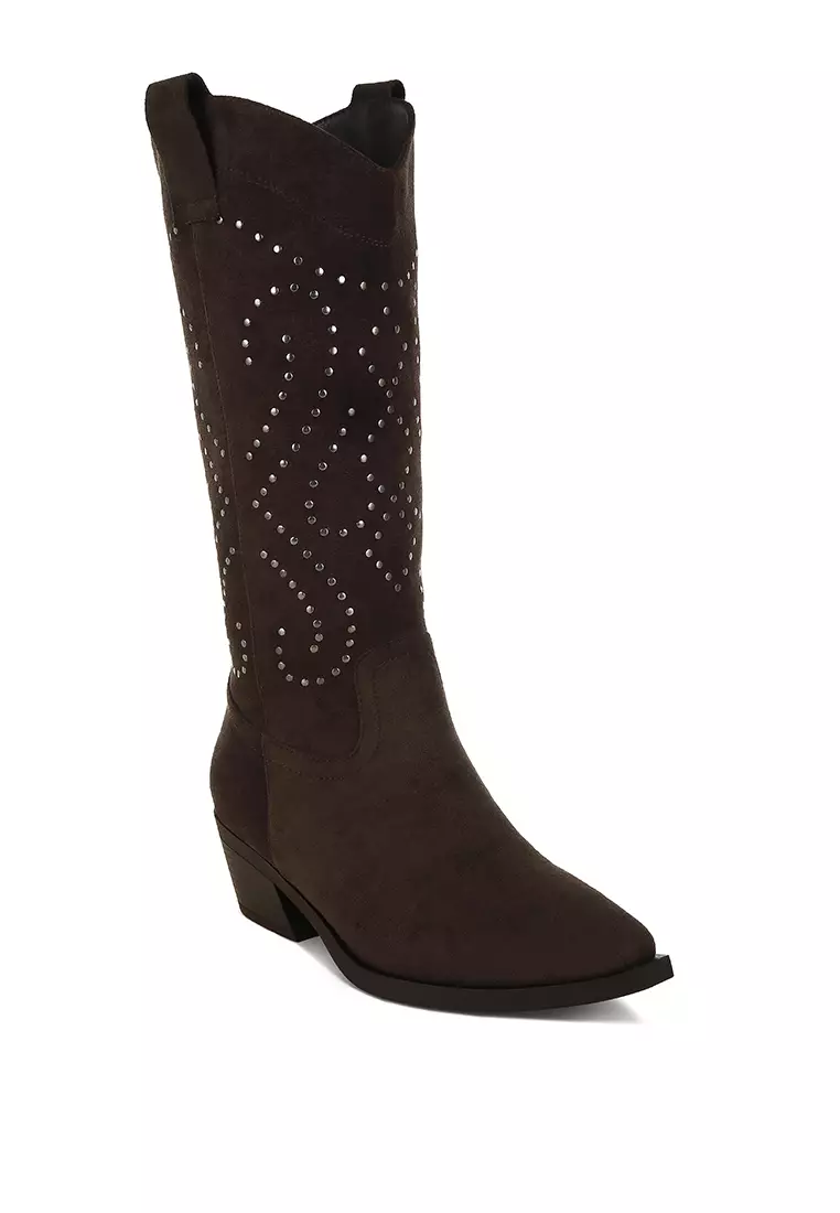 Studs Embellished Cowboy Boots in Brown