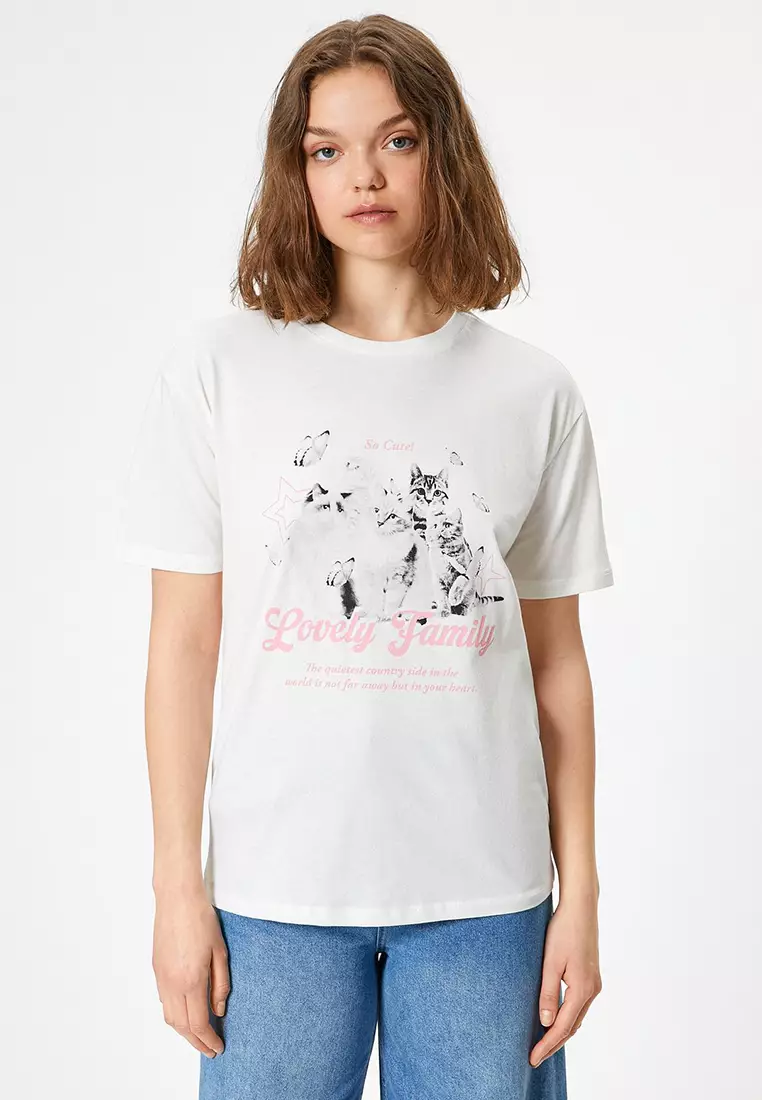 Cat Printed T-Shirt Crew Neck Oversize Short Sleeve Cotton