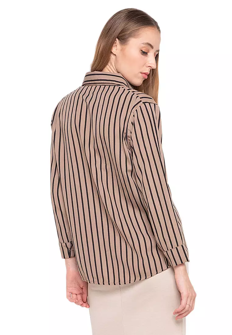 Anne Kemeja Long Sleeve Motif Stripe Atasan Wanita Casual - Mocca