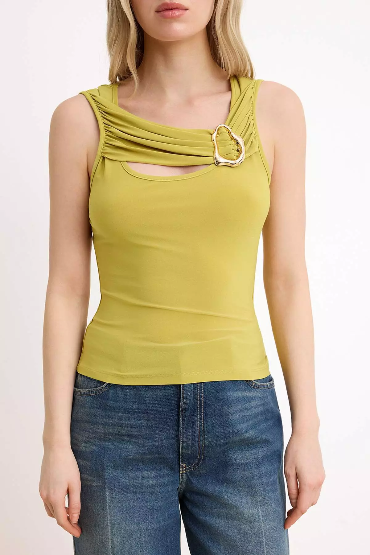 Oil Green Fitted/Bodycon Pool Collar Sleeveless Accessory Detailed Stretchy Knitted Blouse Twoss26Bz472