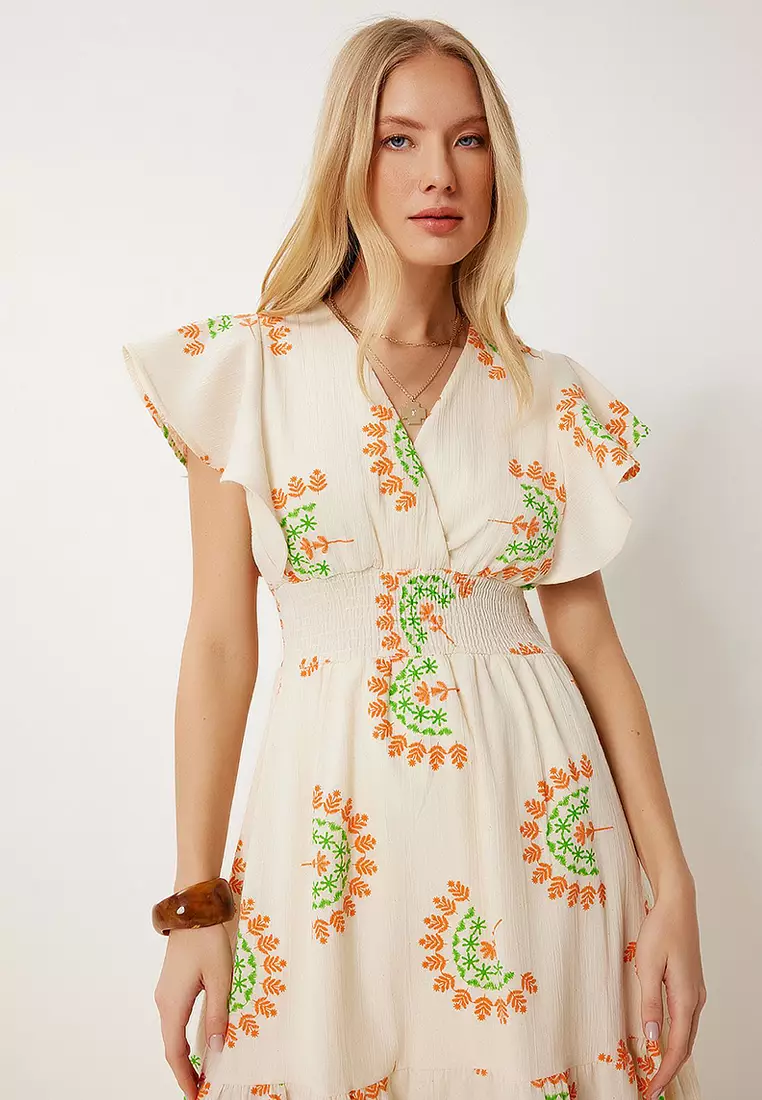 Patterned Flounce Summer Linen Dress