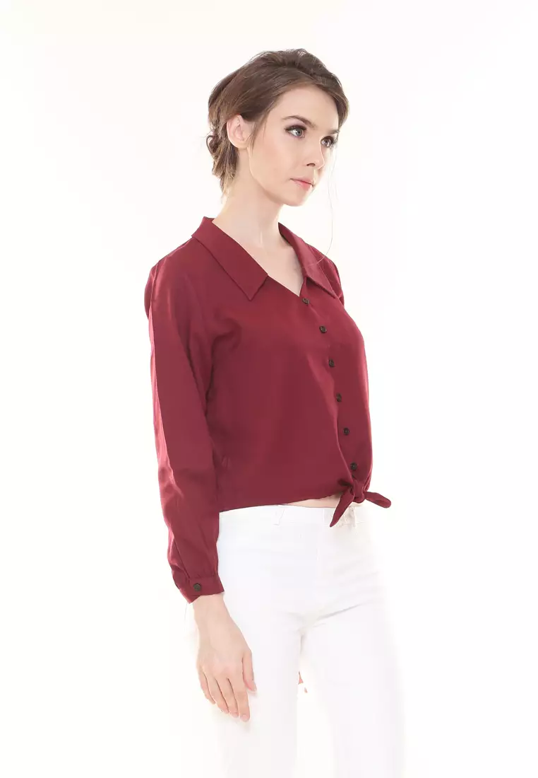 Evelyn Top Button Ribbon Tied up in Maroon