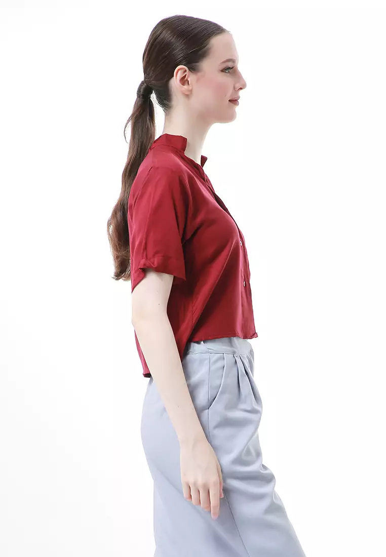 Melinda Kemeja Crop Top Atasan Wanita Motif Polos Relaxed Fit - Maroon