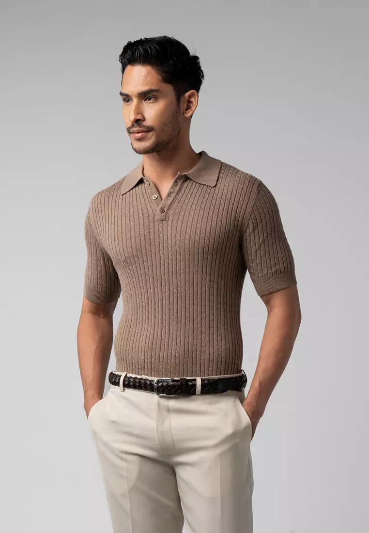 Mens Cable Knit Cotton Polo Light Brown