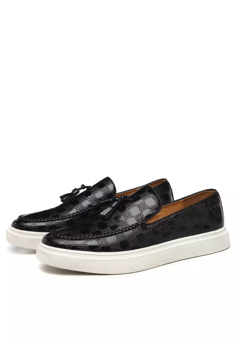 Checkered Pattern Synthetic Leather Tassel Loafers WZWH-S11