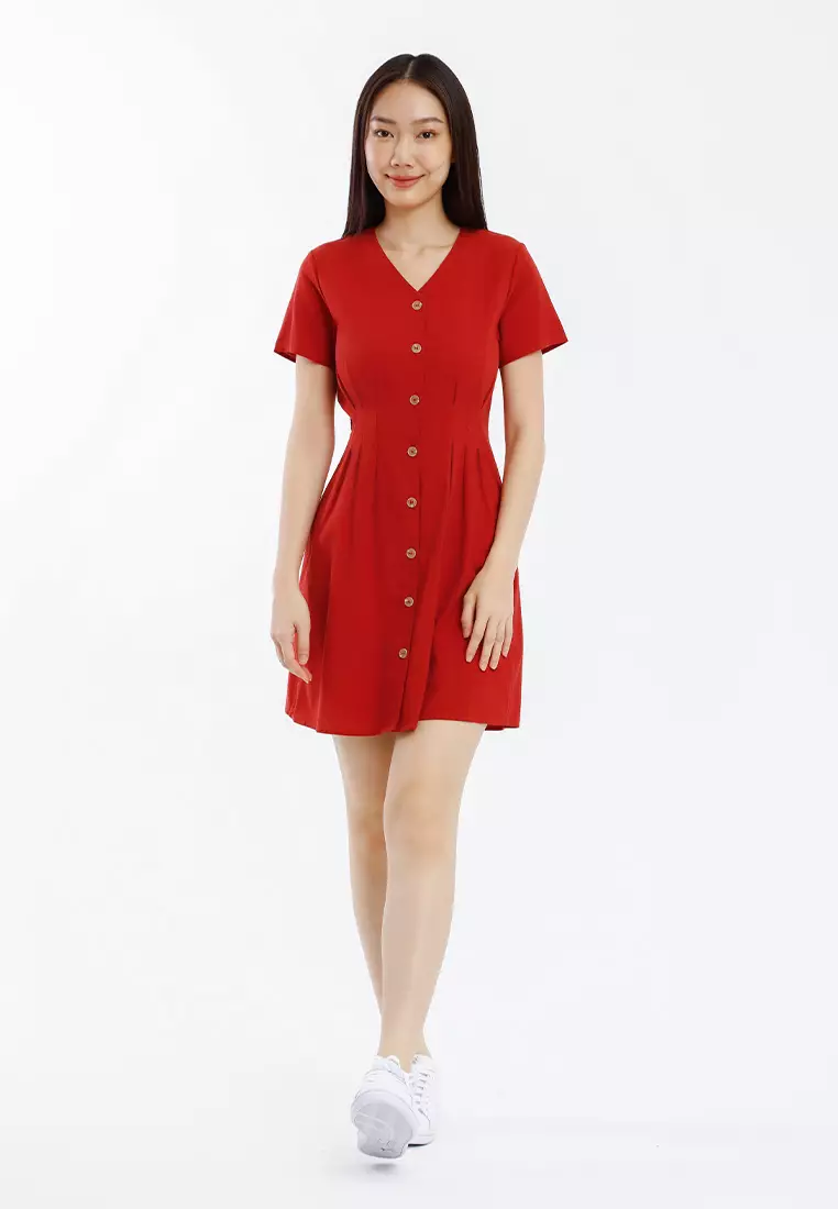 Forest Ladies Cotton Linen Dress Women Button Up V-Neck Dress - 885101-58BrickRed