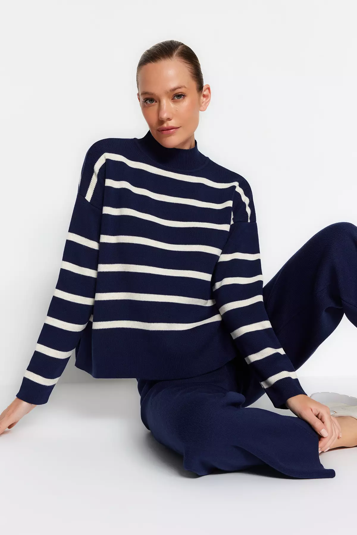 Navy Blue Striped Knitwear Trousers Bottom-Top Set TWOAW24AU00045