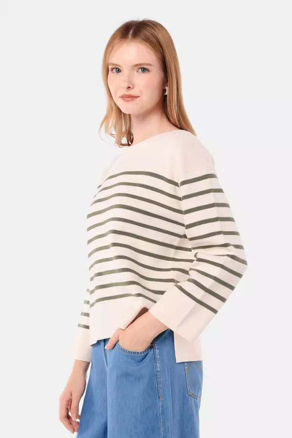 MINIMAL - Joanne - Sweater Rajut Motif Garis - Off White Warna Offwhite